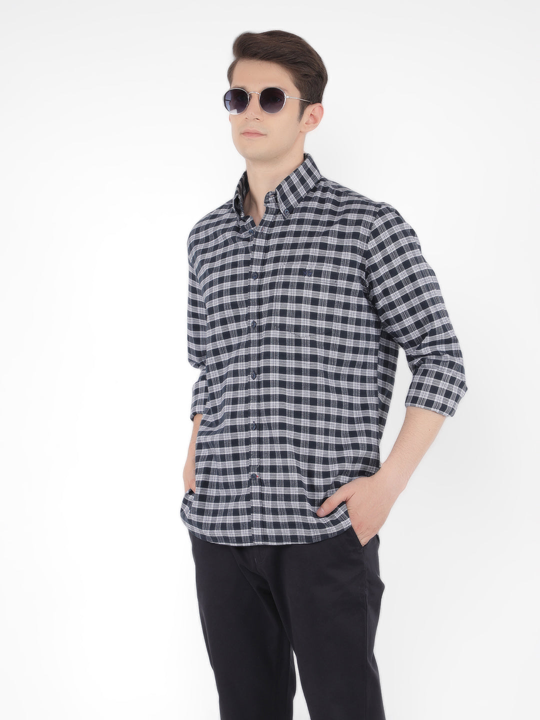 Navy Blue 100% Cotton Checked Shirt-Men Shirts-Crimsoune Club