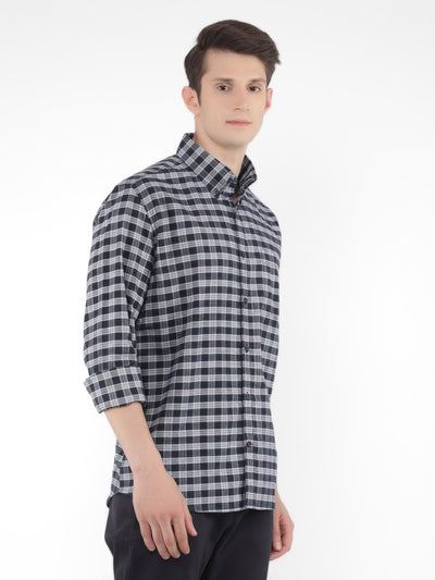 Navy Blue 100% Cotton Checked Shirt-Men Shirts-Crimsoune Club