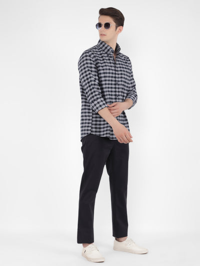 Navy Blue 100% Cotton Checked Shirt-Men Shirts-Crimsoune Club