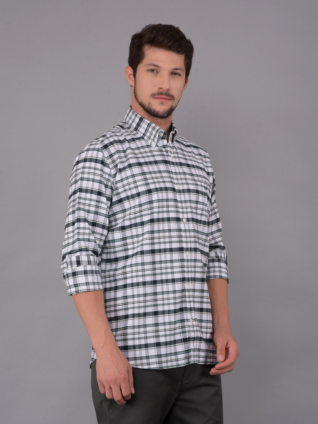 Green 100% Cotton Checked Shirt-Men Shirts-Crimsoune Club