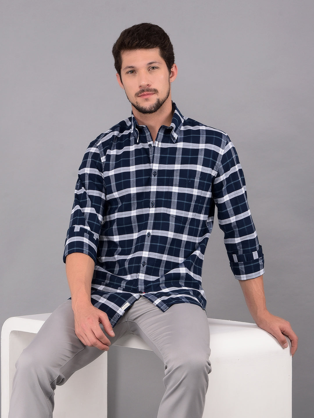 Navy Blue 100% Cotton Checked Shirt-Men Shirts-Crimsoune Club