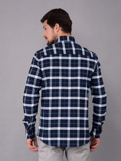 Navy Blue 100% Cotton Checked Shirt-Men Shirts-Crimsoune Club