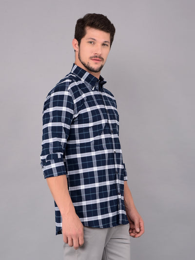 Navy Blue 100% Cotton Checked Shirt-Men Shirts-Crimsoune Club