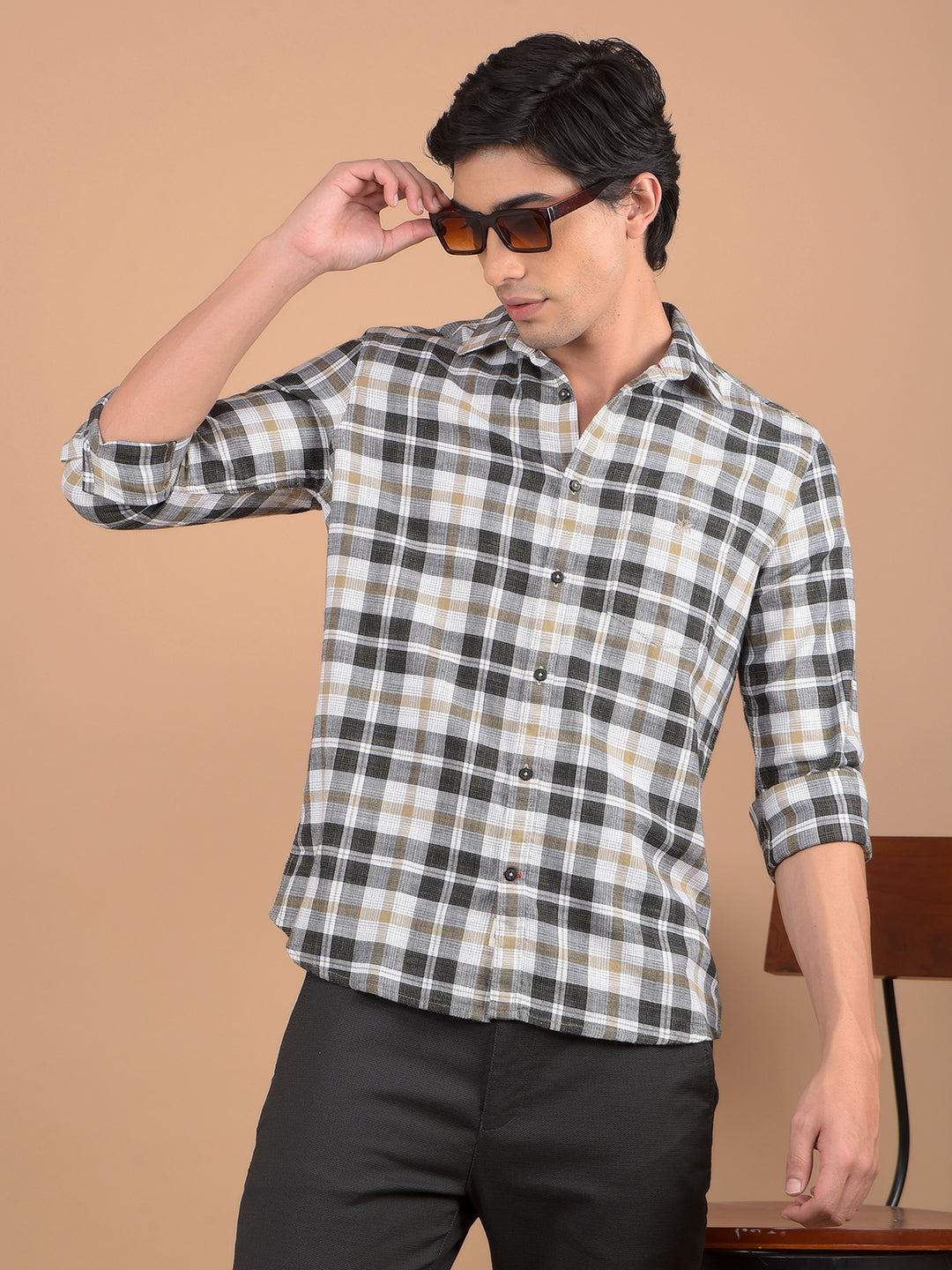 Beige Checked 100% Cotton Shirt-Men Shirts-Crimsoune Club