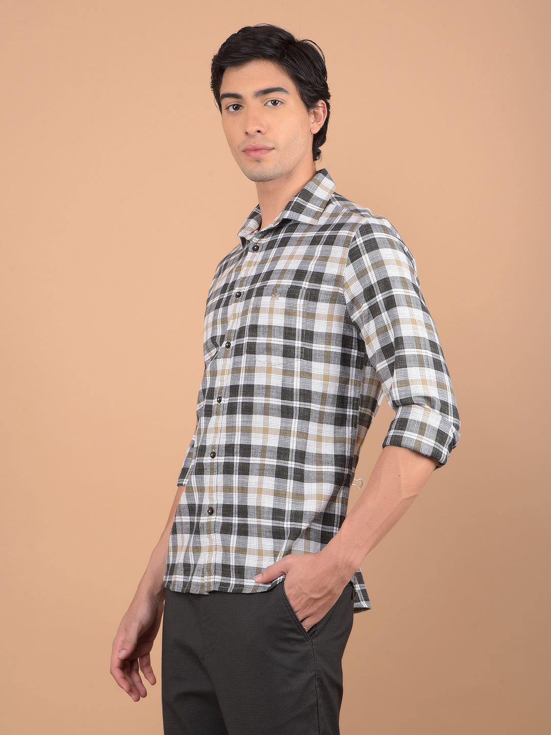 Beige Checked 100% Cotton Shirt-Men Shirts-Crimsoune Club