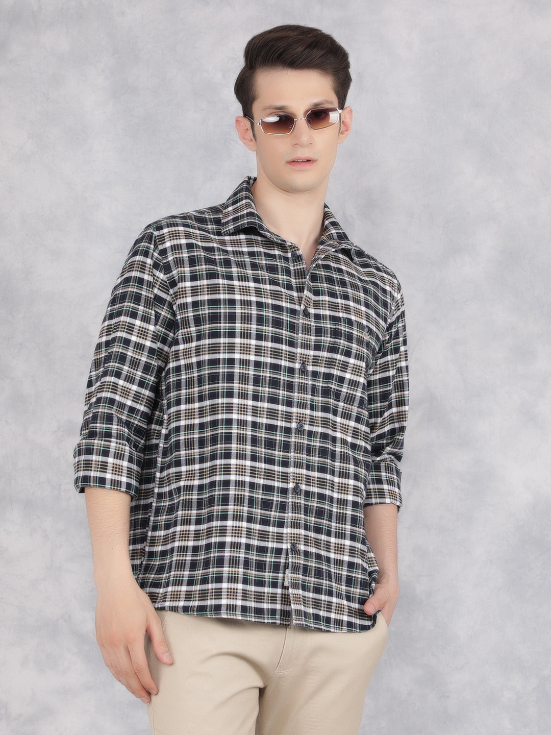 Navy Blue 100% Cotton Checked Shirt-Men Shirts-Crimsoune Club