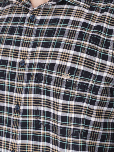 Navy Blue 100% Cotton Checked Shirt-Men Shirts-Crimsoune Club