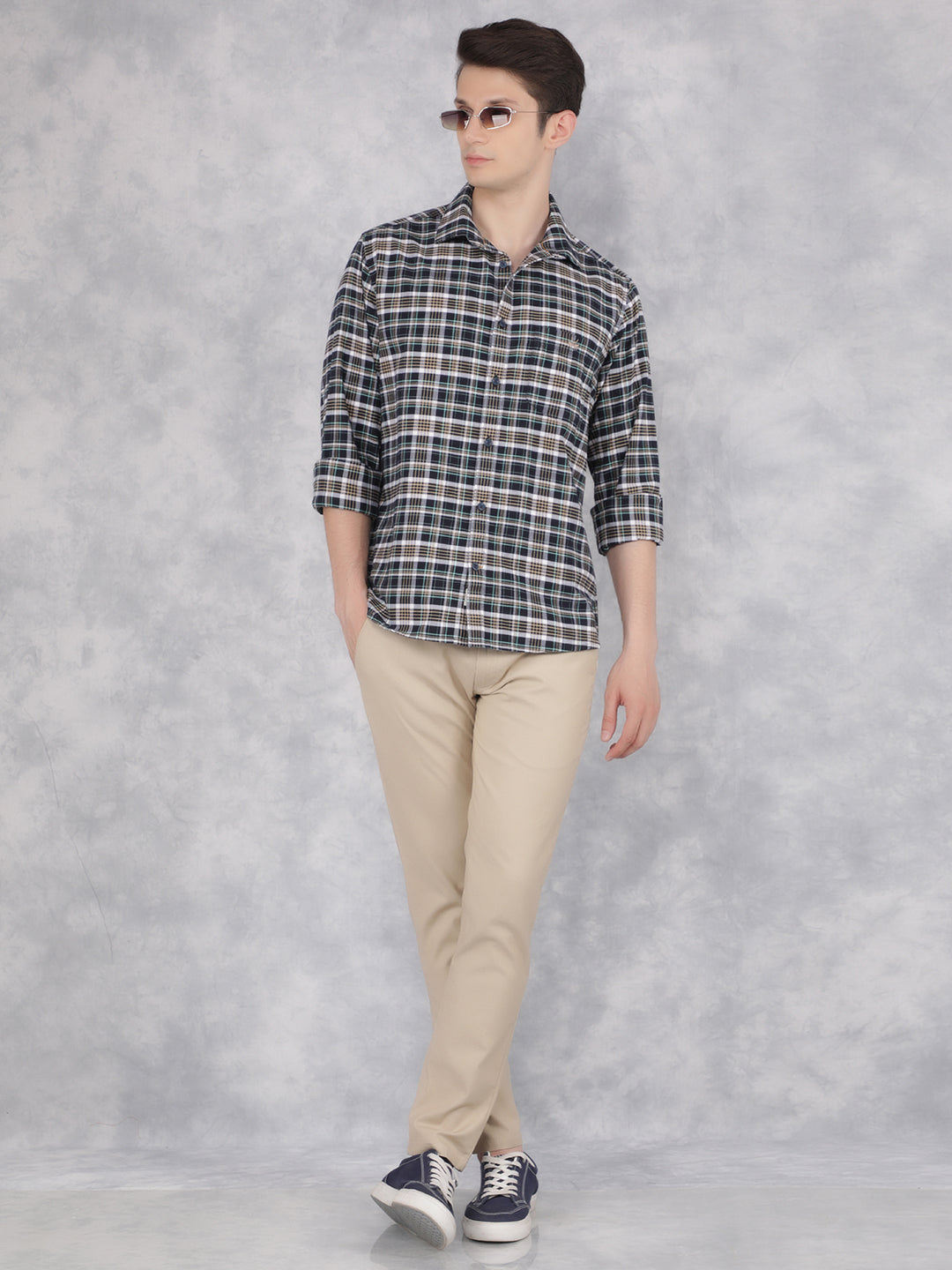 Navy Blue 100% Cotton Checked Shirt-Men Shirts-Crimsoune Club