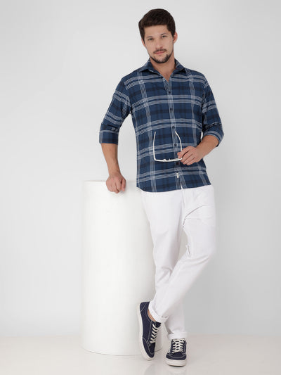 Navy Blue 100% Cotton Checked Shirt-Men Shirts-Crimsoune Club