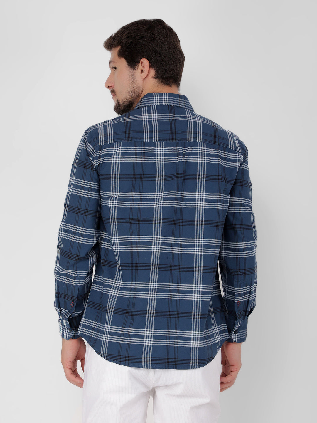 Navy Blue 100% Cotton Checked Shirt-Men Shirts-Crimsoune Club