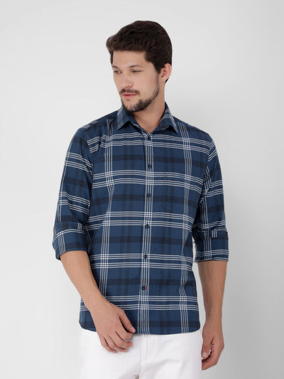 Navy Blue 100% Cotton Checked Shirt-Men Shirts-Crimsoune Club