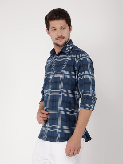 Navy Blue 100% Cotton Checked Shirt-Men Shirts-Crimsoune Club