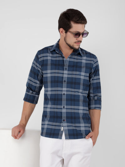 Navy Blue 100% Cotton Checked Shirt-Men Shirts-Crimsoune Club