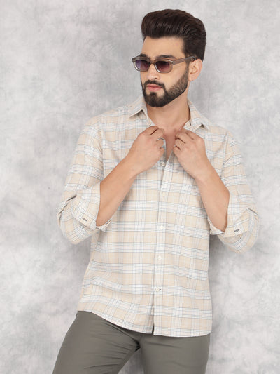 Beige Checked 100% Cotton Shirt-Men Shirts-Crimsoune Club