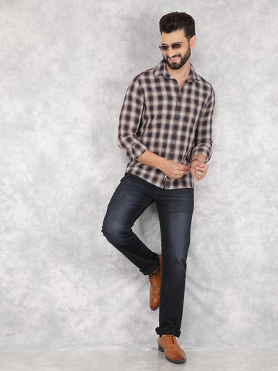 Navy Blue Checked 100% Cotton Shirt-Men Shirts-Crimsoune Club