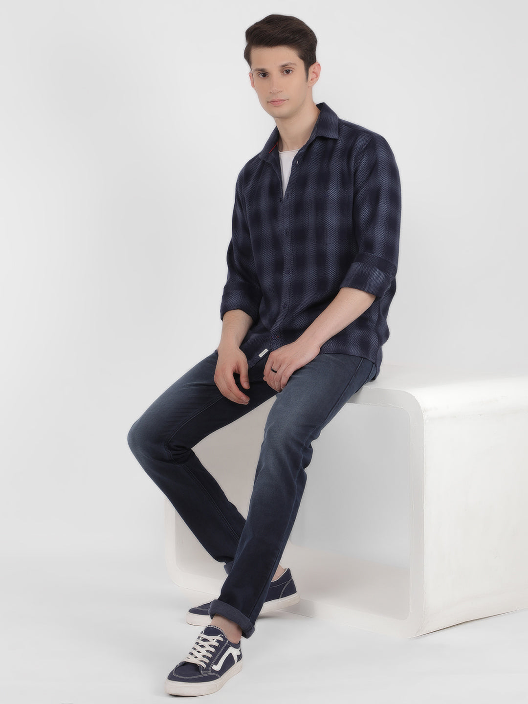 Navy Blue Checked Check Shirt-Men Shirts-Crimsoune Club