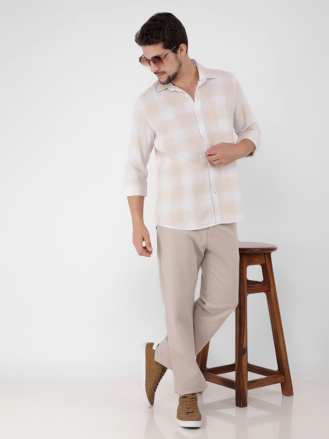 Cream 100% Cotton Checked Shirt-Men Shirts-Crimsoune Club