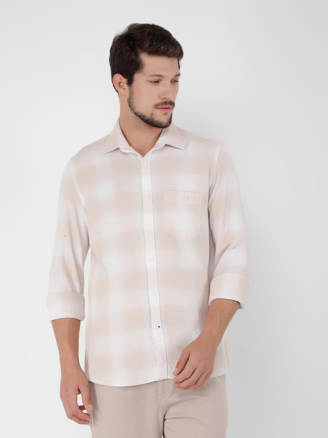 Cream 100% Cotton Checked Shirt-Men Shirts-Crimsoune Club