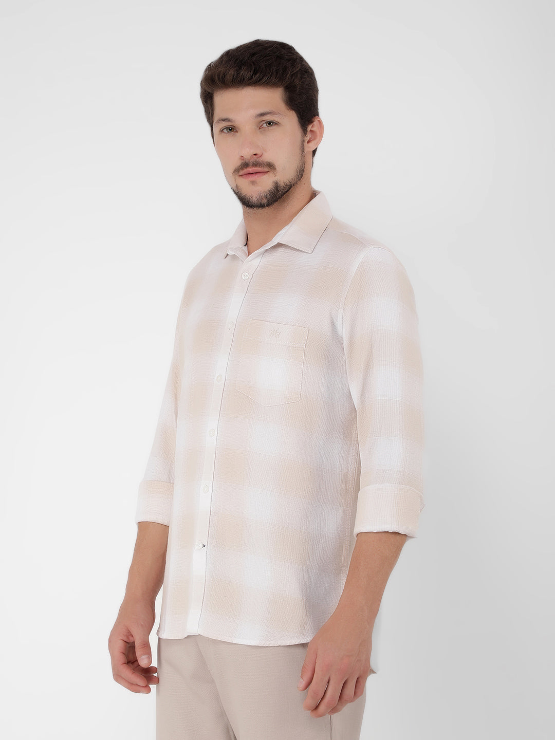 Cream 100% Cotton Checked Shirt-Men Shirts-Crimsoune Club