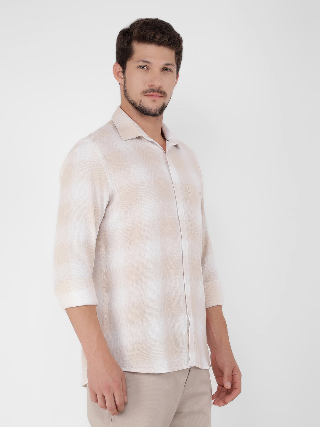 Cream 100% Cotton Checked Shirt-Men Shirts-Crimsoune Club