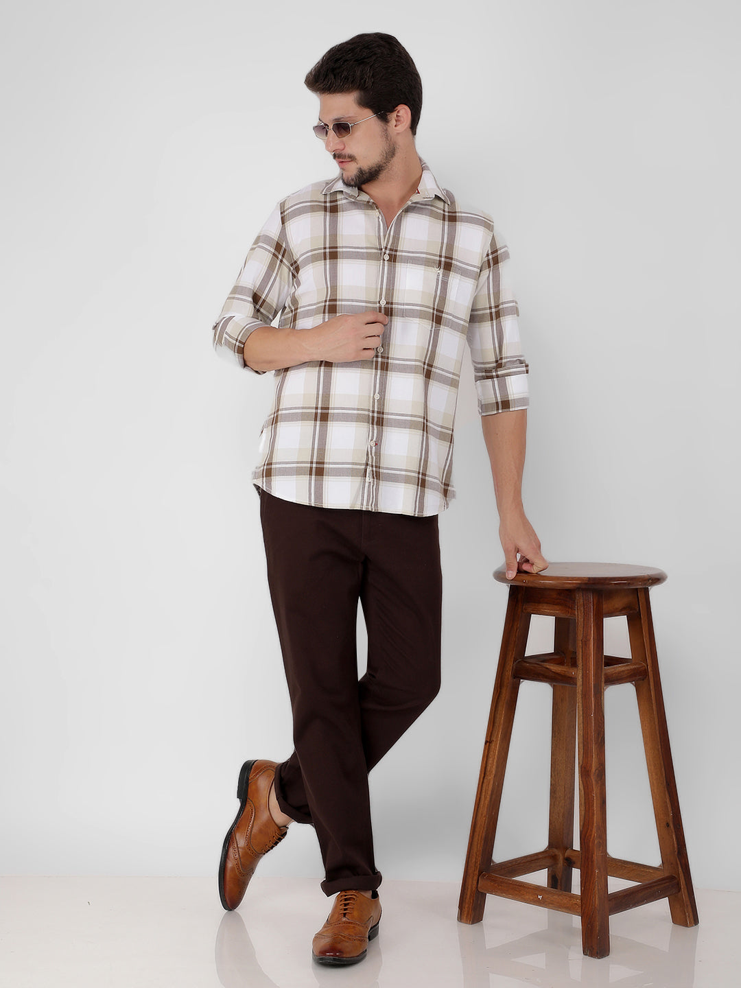 Beige 100% Cotton Checked Shirt-Men Shirts-Crimsoune Club