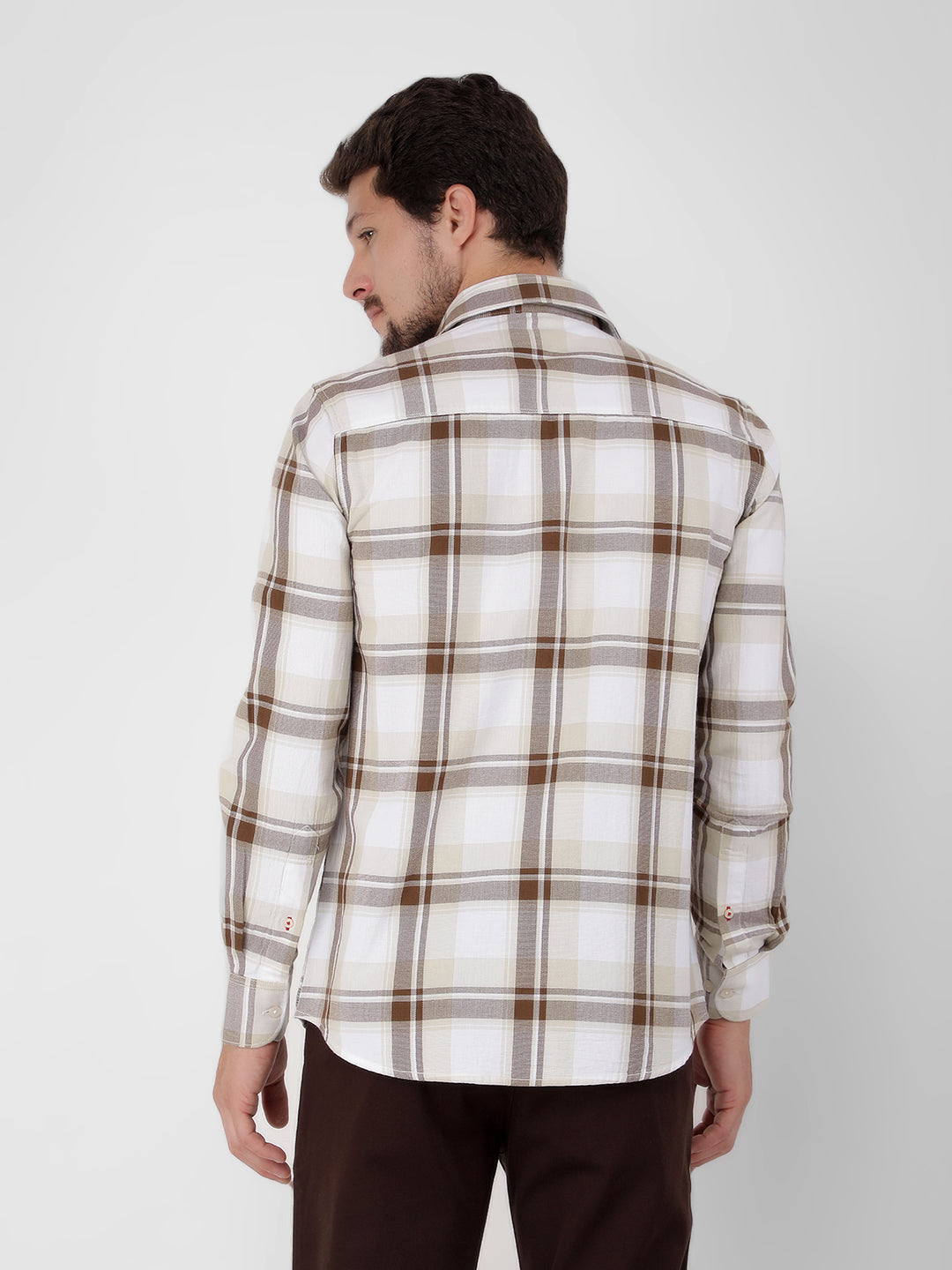 Beige 100% Cotton Checked Shirt-Men Shirts-Crimsoune Club