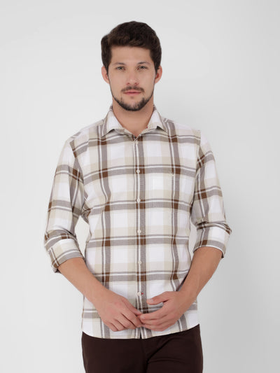 Beige 100% Cotton Checked Shirt-Men Shirts-Crimsoune Club