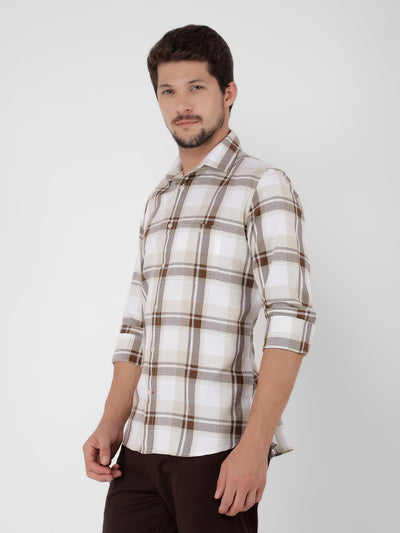 Beige 100% Cotton Checked Shirt-Men Shirts-Crimsoune Club