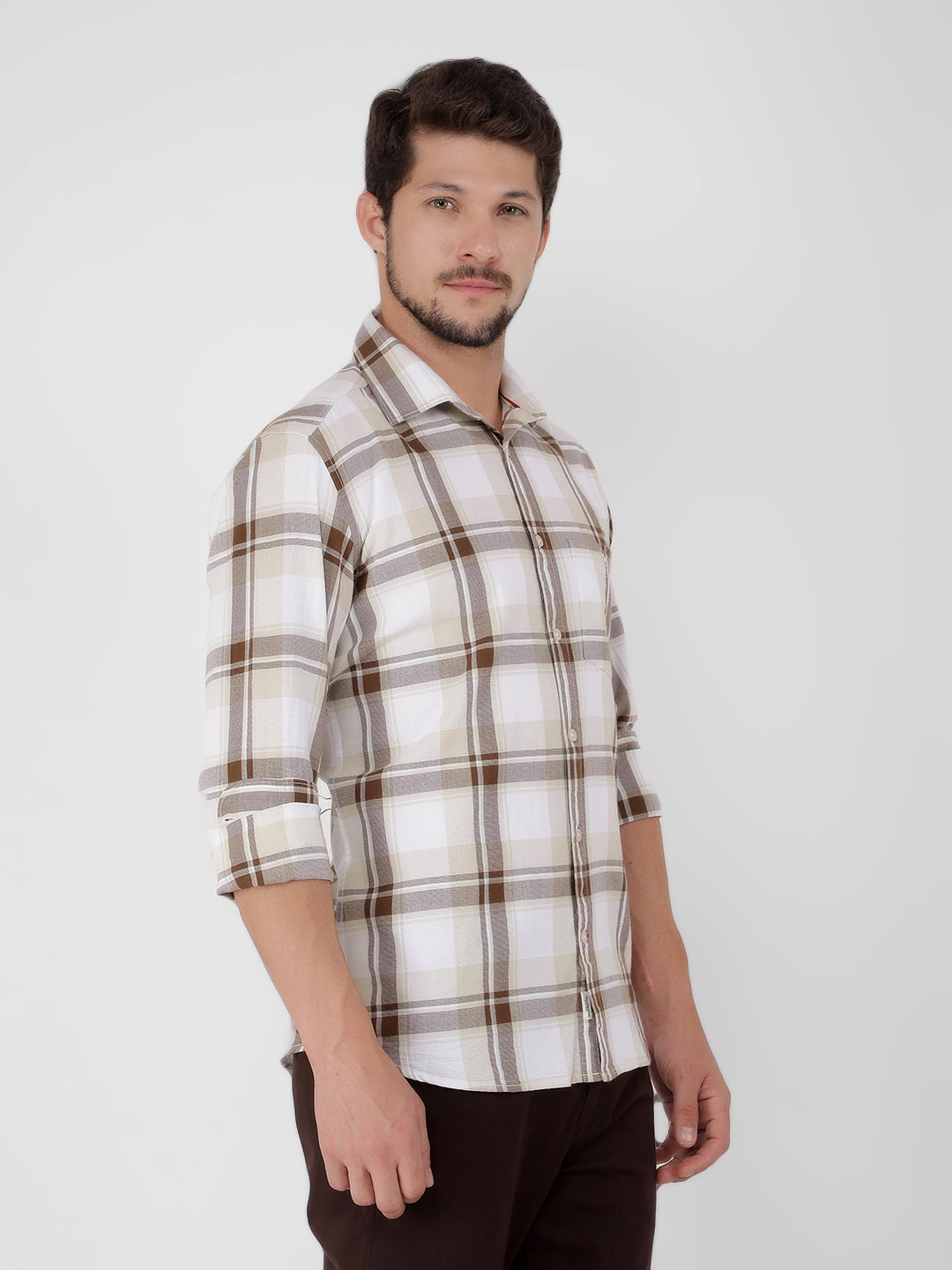 Beige 100% Cotton Checked Shirt-Men Shirts-Crimsoune Club