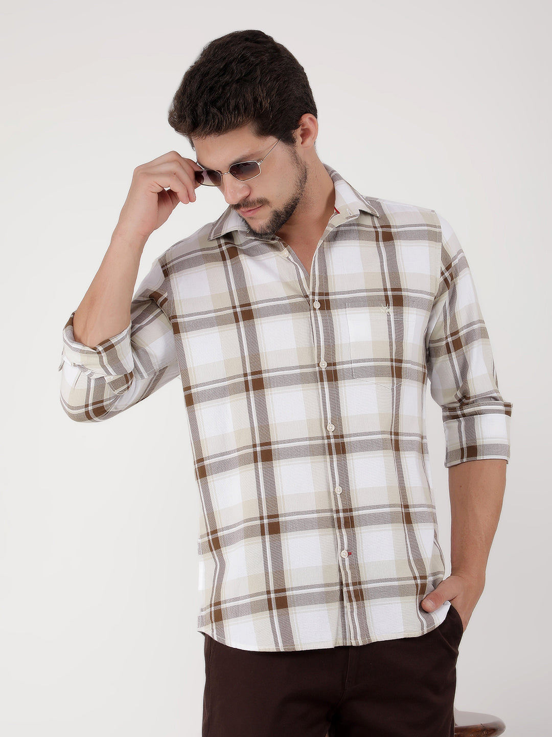 Beige 100% Cotton Checked Shirt-Men Shirts-Crimsoune Club