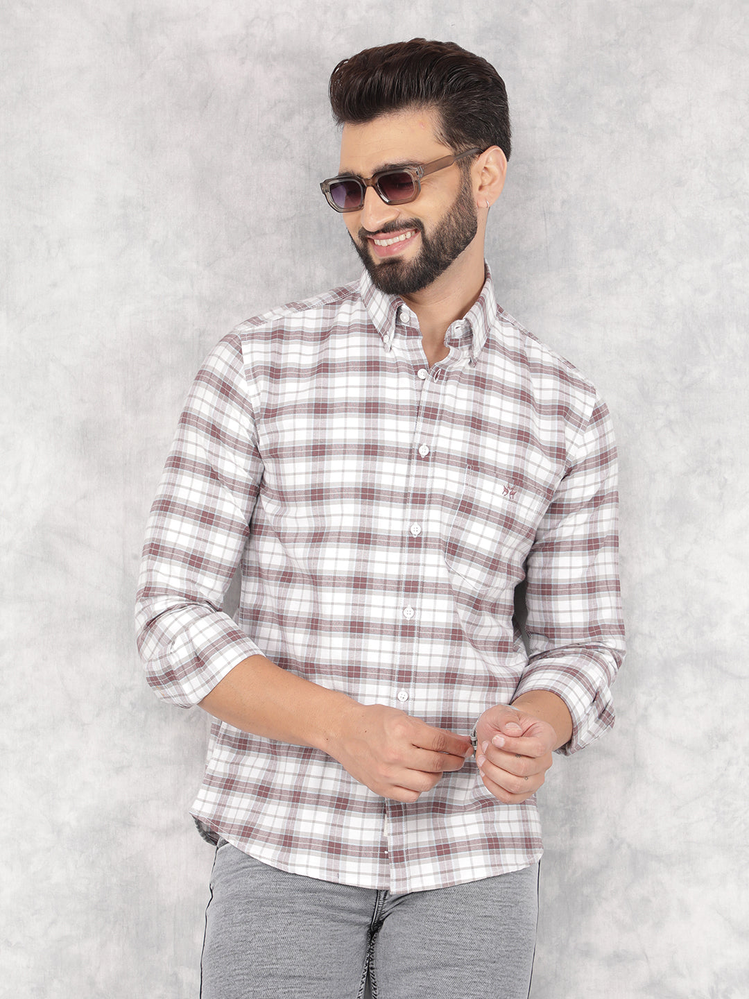 Brown Checked 100% Cotton Shirt-Men Shirts-Crimsoune Club