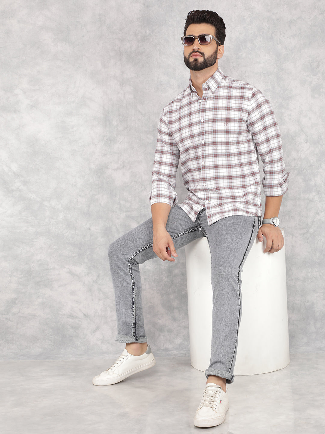 Brown Checked 100% Cotton Shirt-Men Shirts-Crimsoune Club