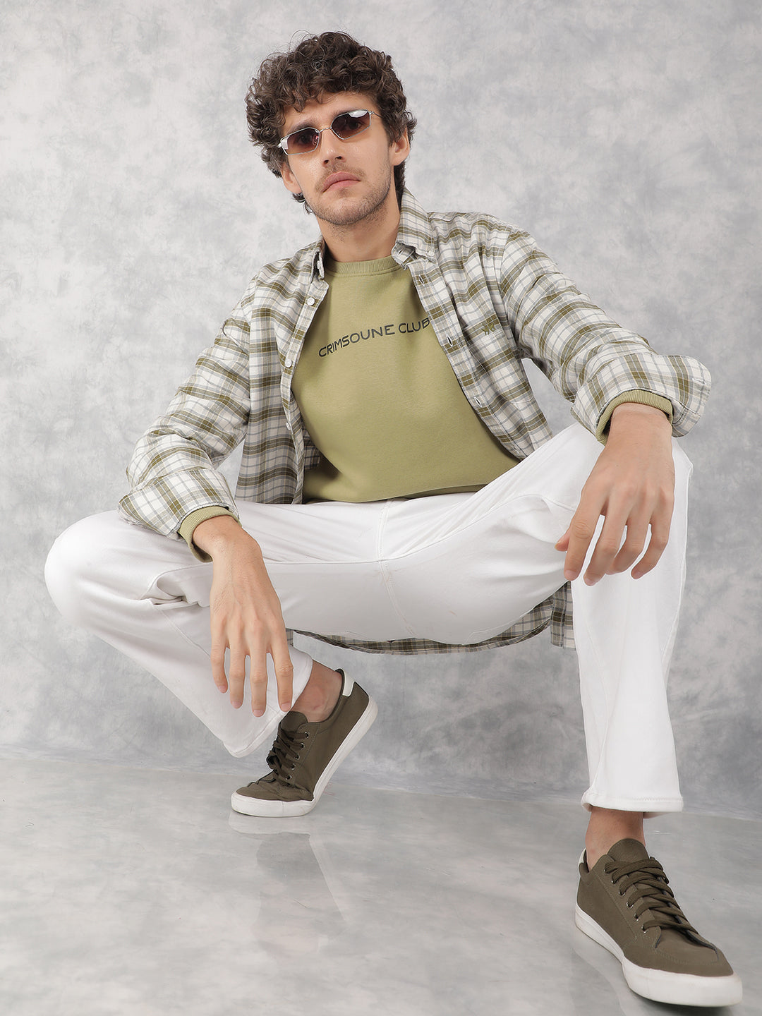 Olive Checkered 100% Cotton Shirt-Men Shirts-Crimsoune Club