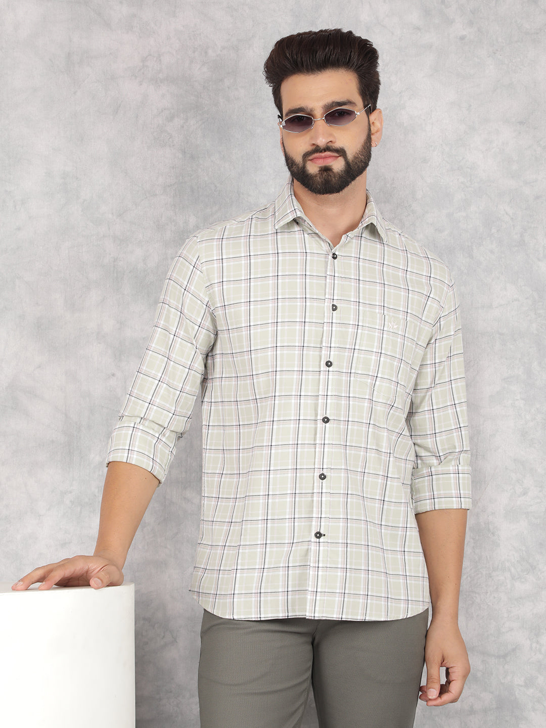 Green Checked 100% Cotton Shirt-Men Shirts-Crimsoune Club