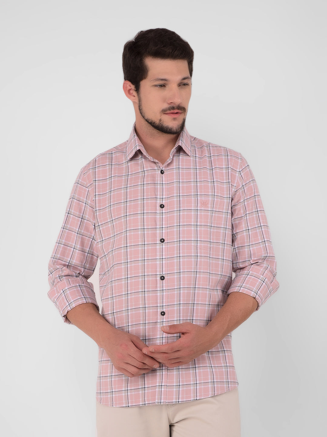 Pink 100% Cotton Checked Shirt-Men Shirts-Crimsoune Club