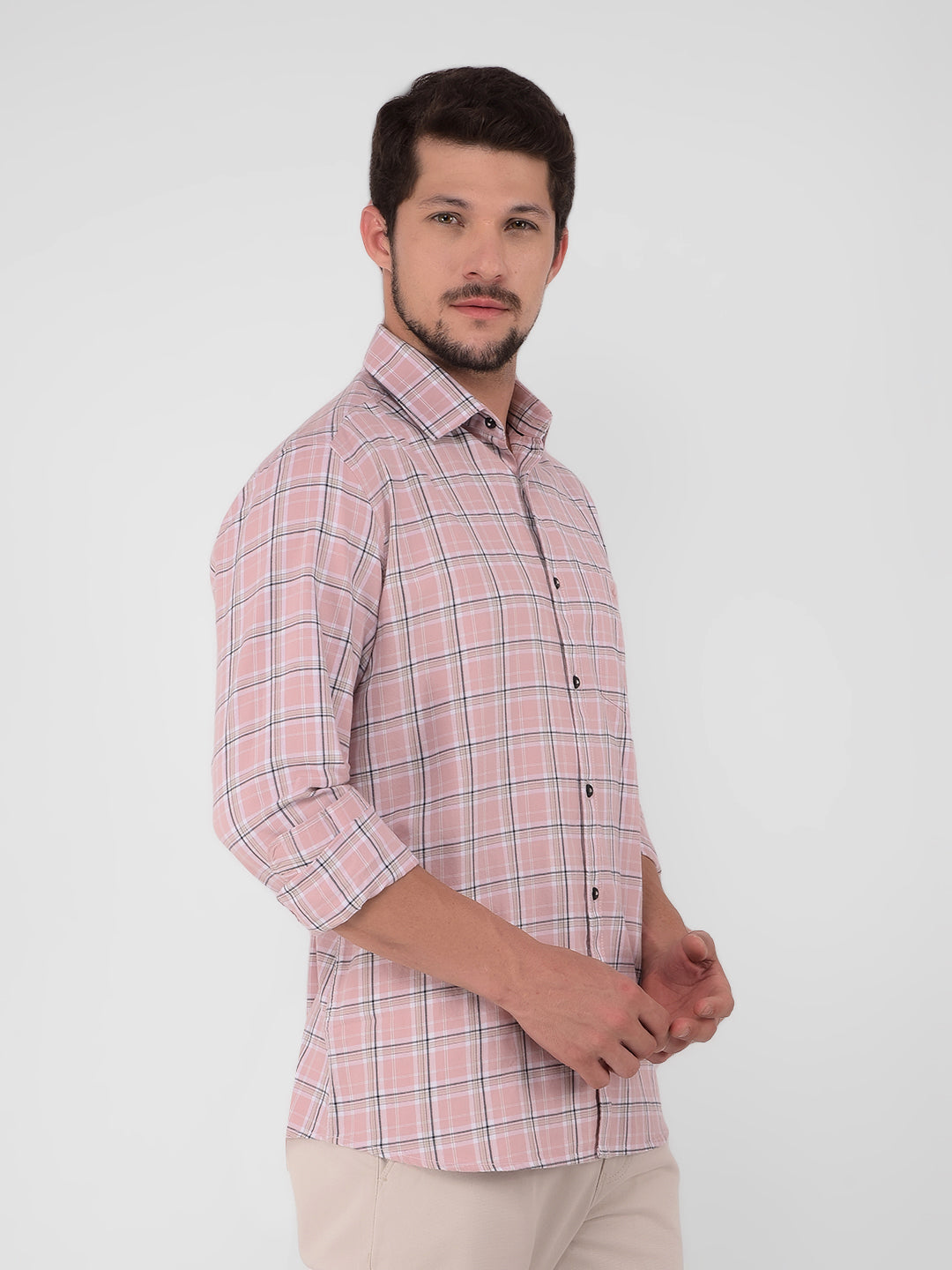 Pink 100% Cotton Checked Shirt-Men Shirts-Crimsoune Club