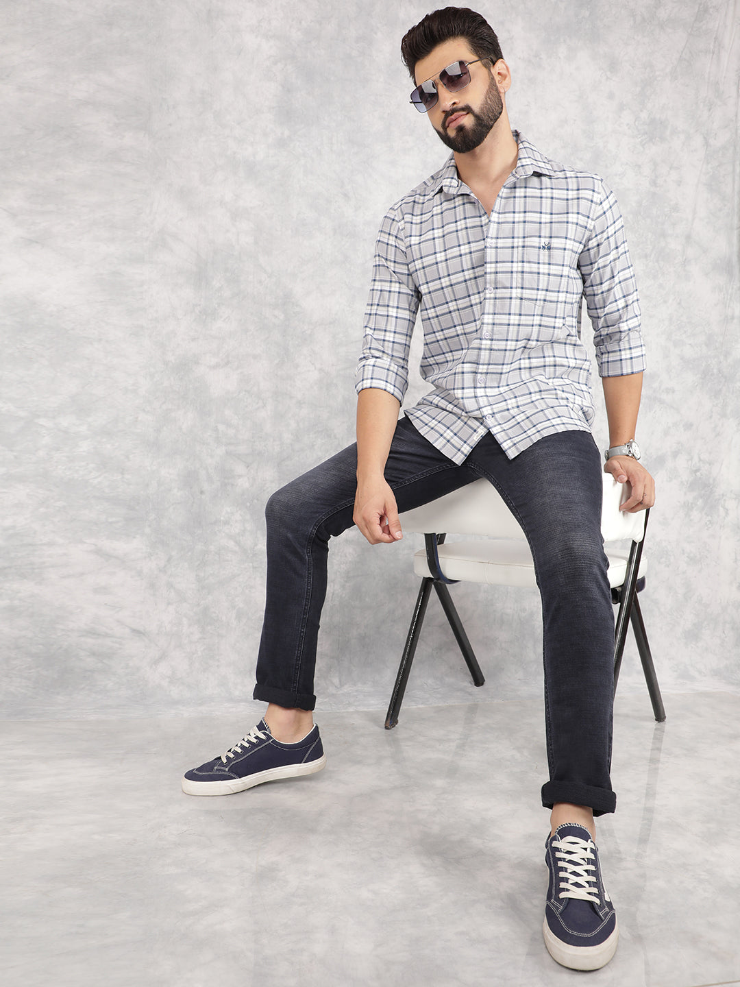 Grey Checked 100% Cotton Shirt-Men Shirts-Crimsoune Club