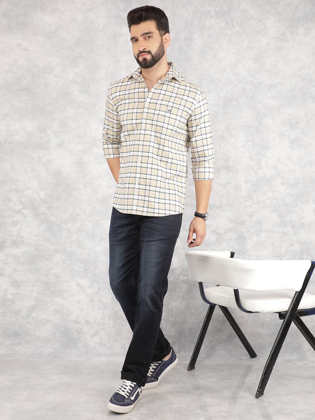 Beige Checked 100% Cotton Shirt-Men Shirts-Crimsoune Club