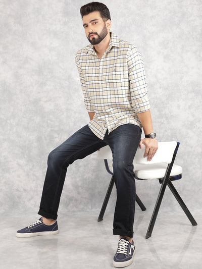 Beige Checked 100% Cotton Shirt-Men Shirts-Crimsoune Club