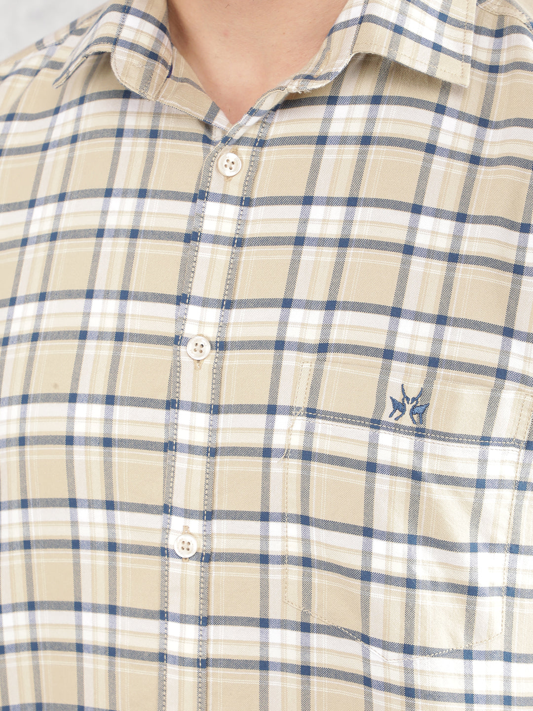 Beige Checked 100% Cotton Shirt-Men Shirts-Crimsoune Club