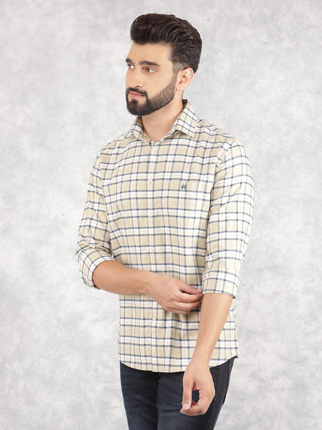 Beige Checked 100% Cotton Shirt-Men Shirts-Crimsoune Club