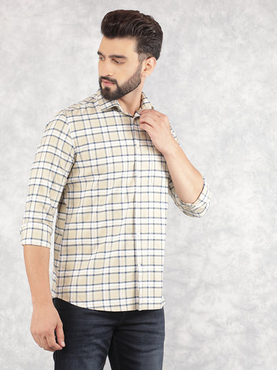 Beige Checked 100% Cotton Shirt-Men Shirts-Crimsoune Club