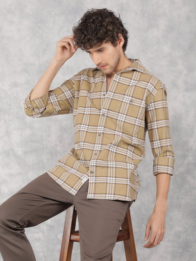 Beige Checkered 100% Cotton Shirt-Men Shirts-Crimsoune Club