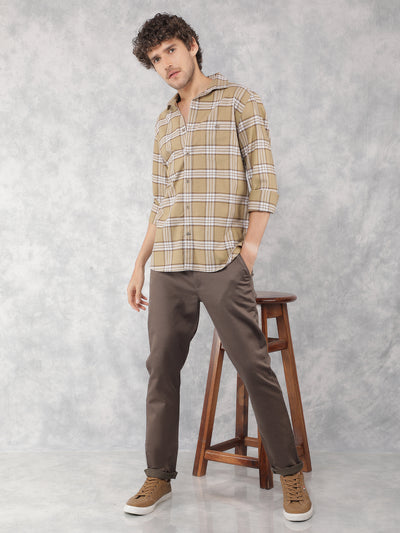 Beige Checkered 100% Cotton Shirt-Men Shirts-Crimsoune Club