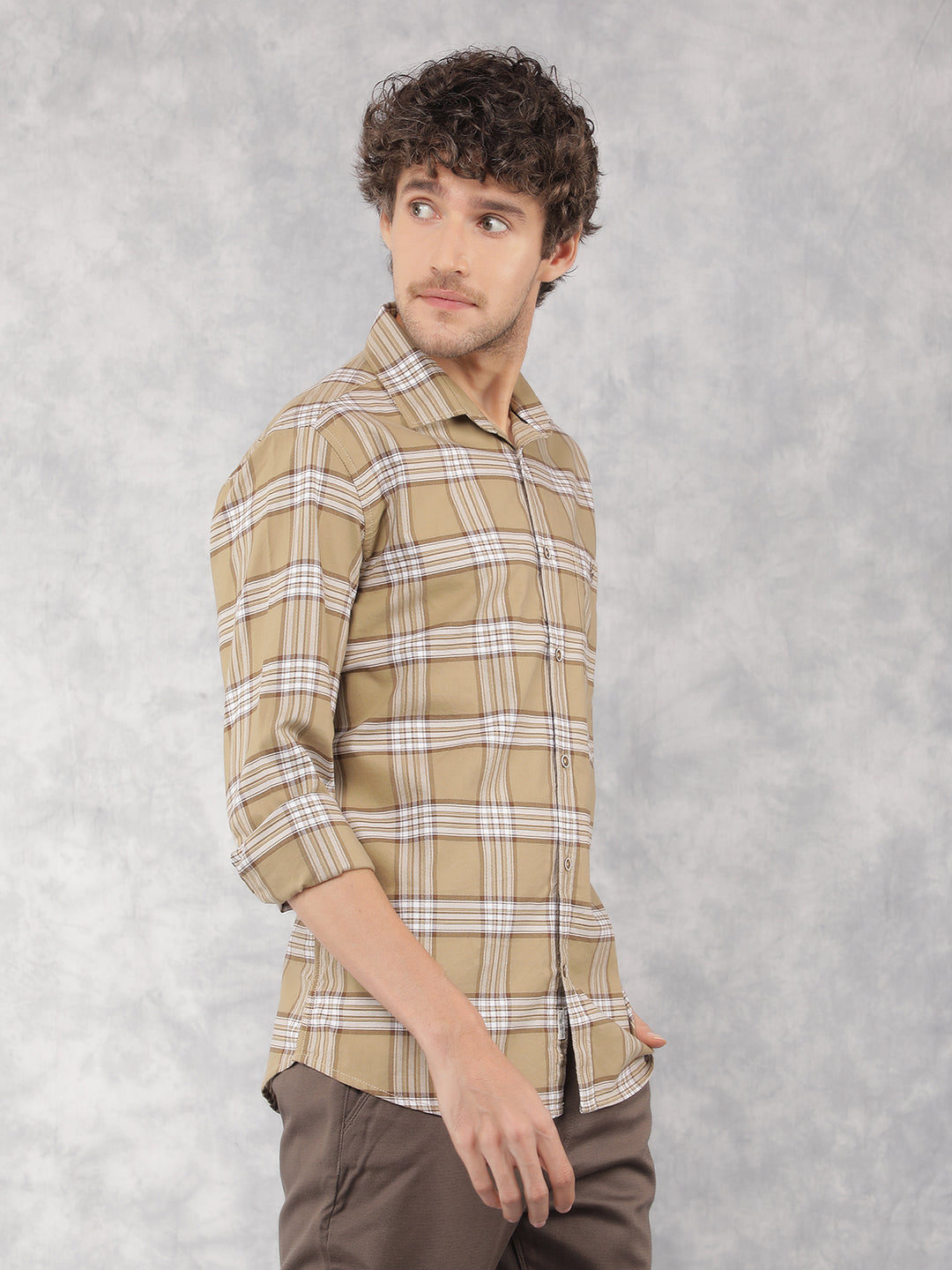 Beige Checkered 100% Cotton Shirt-Men Shirts-Crimsoune Club