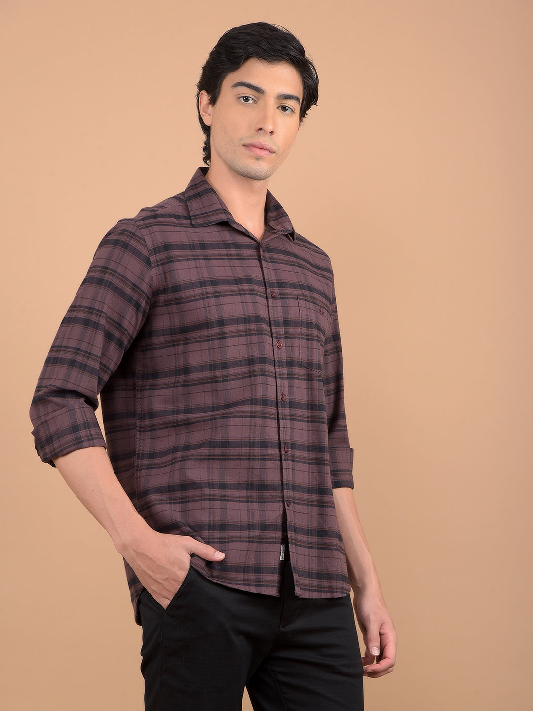 Brown Checked 100% Cotton Shirt-Men Shirts-Crimsoune Club