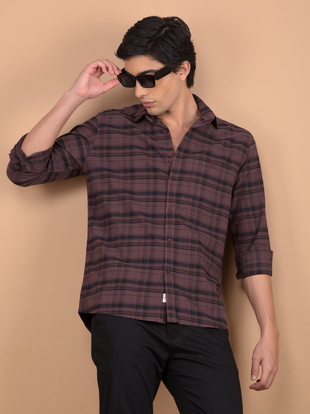 Brown Checked 100% Cotton Shirt-Men Shirts-Crimsoune Club