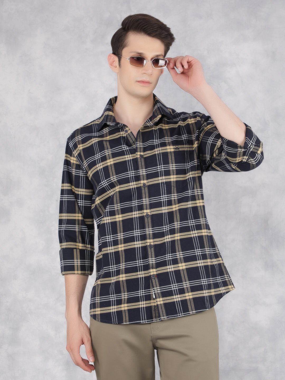 Mustard 100% Cotton Checked Shirt-Men Shirts-Crimsoune Club