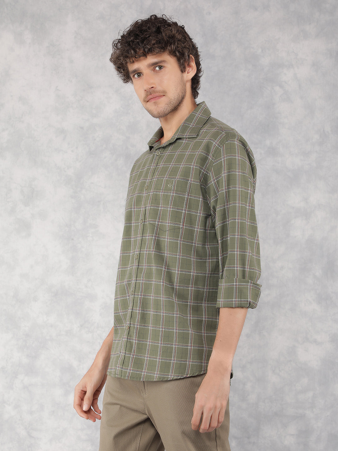 Olive Checkered 100% Cotton Shirt-Men Shirts-Crimsoune Club