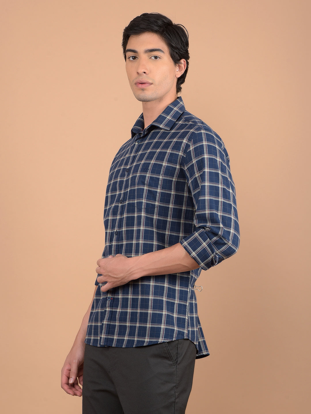 Navy Blue Checked 100% Cotton Shirt-Men Shirts-Crimsoune Club